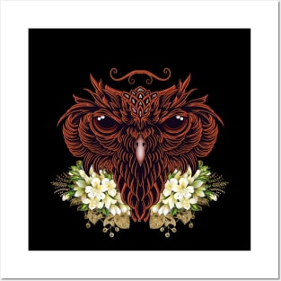 Decorative owl head with flowers Posters and Art